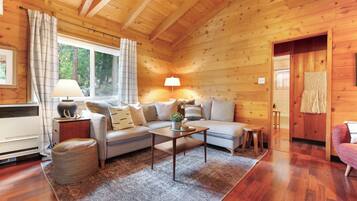 Smart TV, fireplace, books, offices