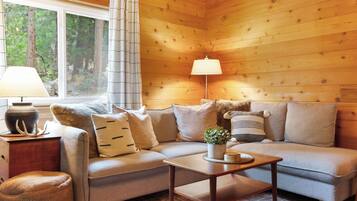 Smart TV, fireplace, books, offices