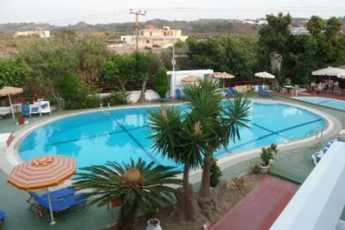 Une piscine bordée de palmiers, avec des chaises longues et des parasols.