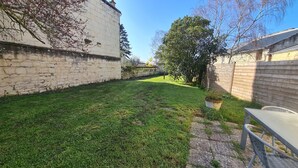 Une cour arrière verdoyante, avec des murs en pierre, un pot de fleurs et une chaise en osier.