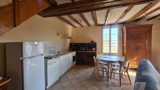 Une cuisine compacte équipée d’un réfrigérateur, d’une cuisinière et d’un four à micro-ondes. On y trouve une table à manger avec des chaises et un buffet en bois.