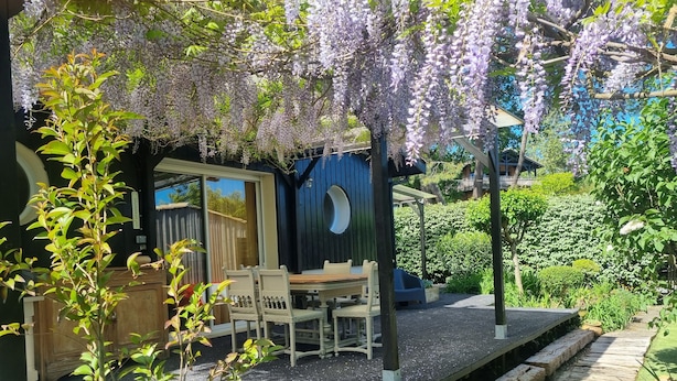A covered outdoor seating area with a table and chairs, surrounded by lush greenery and purple wisteria flowers. - Entire house 10 metres from the beach (Lège-Cap-Ferret)