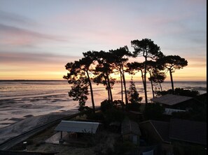 On the beach, sun-loungers