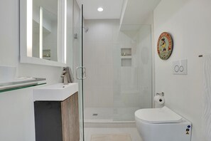 Douche, sĂšche-cheveux, serviettes fournies, savon
