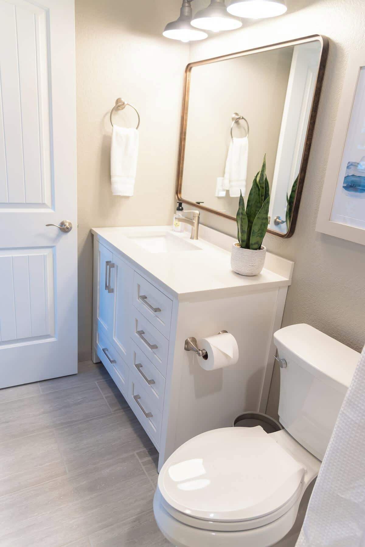 A modern bathroom with a white sink, a toilet, and a mirror. There is a plant on the sink counter and a towel hanging on the wall.