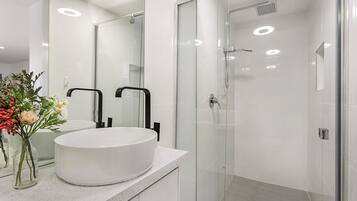 Shower, hair dryer, towels