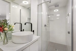 Shower, hair dryer, towels