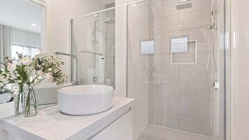 Shower, hair dryer, towels, shampoo