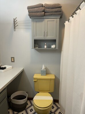 Duschwanne, Haartrockner, Handtücher, Seife