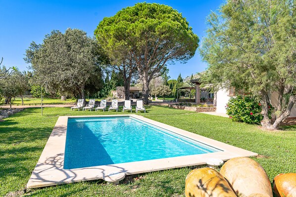 A rectangular swimming pool with a tiled deck, surrounded by a well-maintained lawn and several lounge chairs.