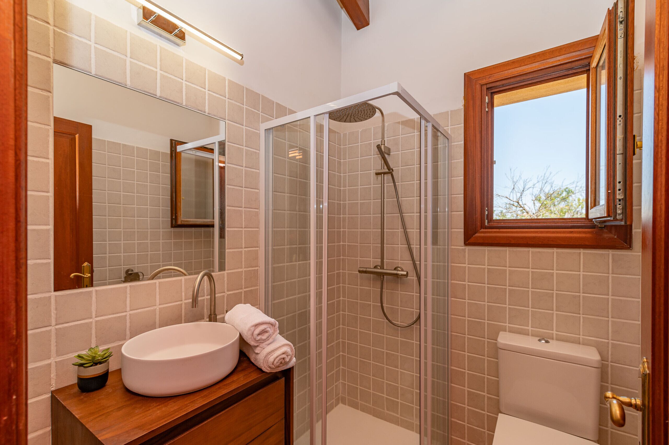 Un bany amb dutxa envidrada, un lavabo amb mirall i un vàter.