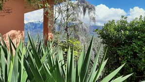A view of a mountain range with snow-capped peaks, a clear blue sky, and lush green foliage in the foreground. - Casa Maffei PLUS apartment 4, 1st floor, balcony, wonderful lake view, parking (Tignale)