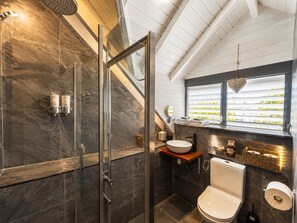 Shower, hair dryer, towels, soap