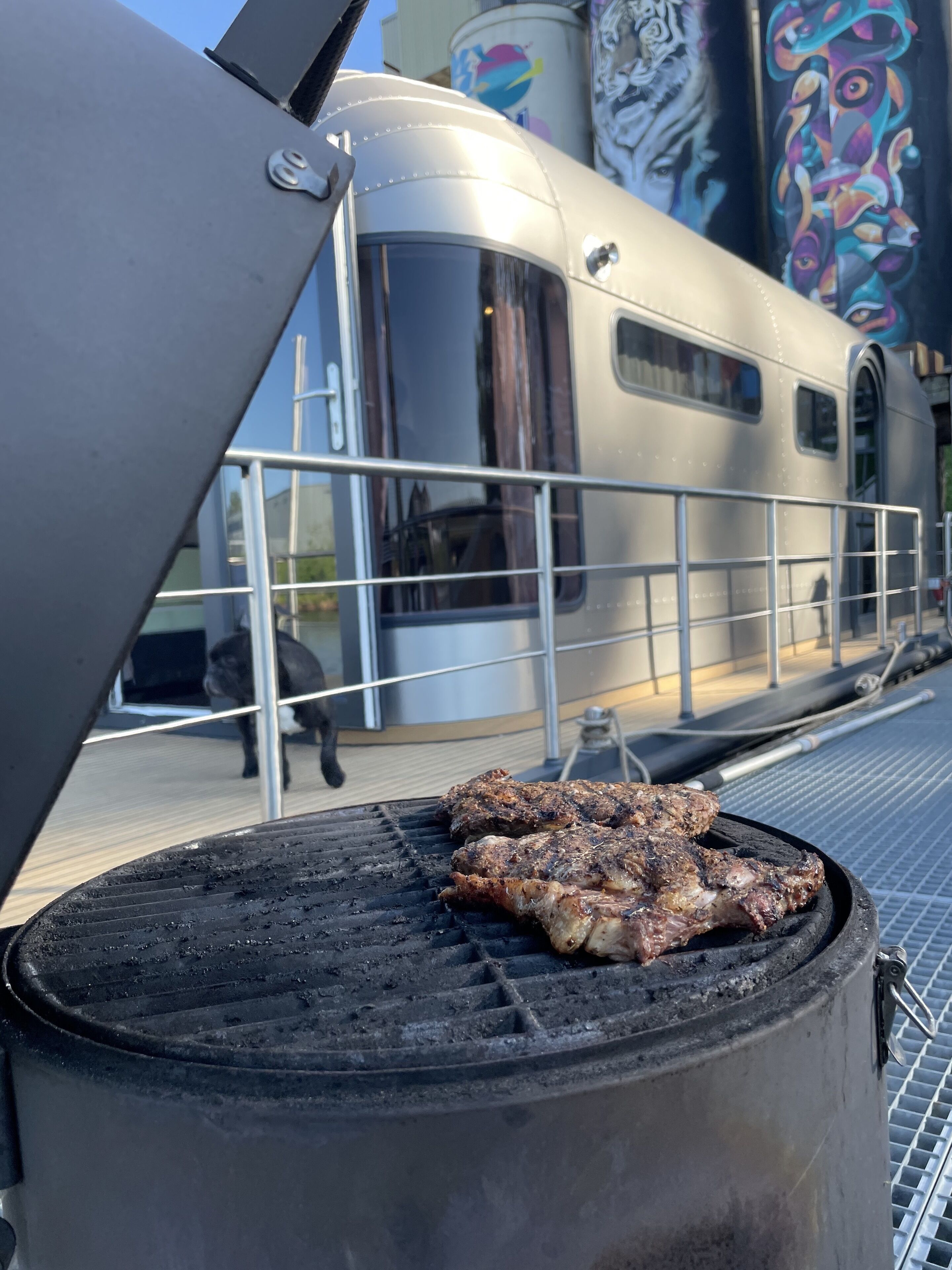 A grill with two steaks cooking, a metal railing, and a silver train in the background.