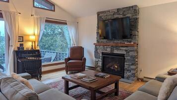 TV connectée, cheminée, livres