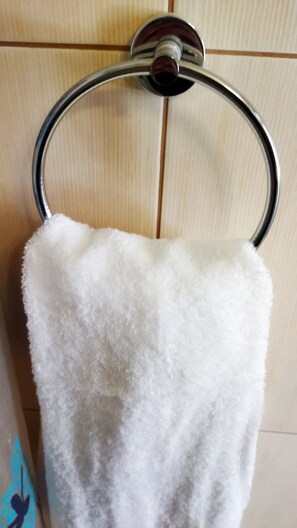 Duschwanne, Handtücher, Seife, Toilettenpapier