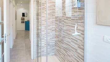 Shower, hair dryer, bidet, towels