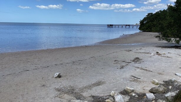A beach with a pier extending into calm waters, sandy shore, and scattered rocks. - Paradise Vacation Rental with Water Views (Palm Harbor)