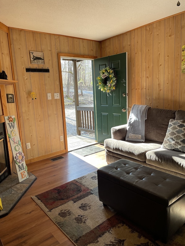 A cozy living room with wooden walls, a green door, a sofa, a coffee table, and a fireplace.