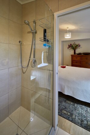 Shower, hair dryer, towels, soap