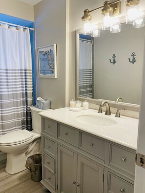 Combined shower/tub, hair dryer, towels, soap