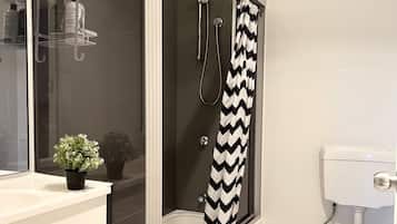 Combined shower/bathtub, hair dryer, towels, toilet paper