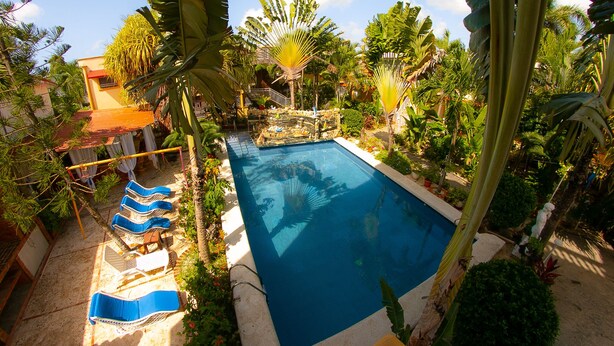 A pool surrounded by tropical plants and a building with a red roof. - Deluxe Apartment (7) RESIDENCE TROPICAL GARDEN (Boca Chica)