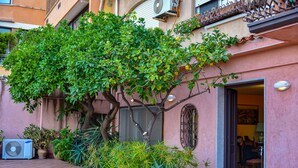 A building with a tree in front, a door, and a window.