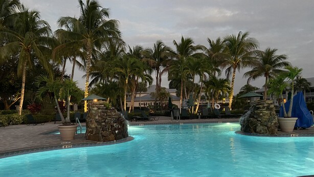 A swimming pool with clear water, surrounded by palm trees and stone structures.