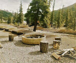 A campsite with a fire pit surrounded by wooden stumps and logs, set in a forested area with mountains in the background. - OPEN YEAR ROUND ON THE ALPINE LOOP - Lake San Cristobal - Nellie Gray #25 (Lake City)
