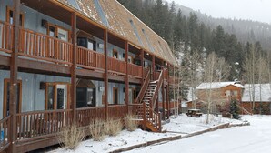 A multi-story wooden cabin with balconies and a staircase, surrounded by snow-covered trees and a mountain in the background.