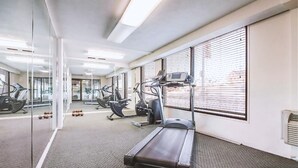 Une salle de sport équipée de tapis de course, de vélos elliptiques et de ballons d’exercice.