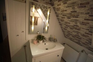 Shower, hair dryer, soap, toilet paper