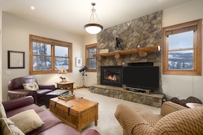 TV, fireplace, books, stereo