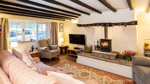 A cozy living room with a fireplace, a sofa set, a television, and a window with a view of parked cars. - Ingleton 2-bed Cottage, Sleeps 4, Pet Ok & Parking (Carnforth)