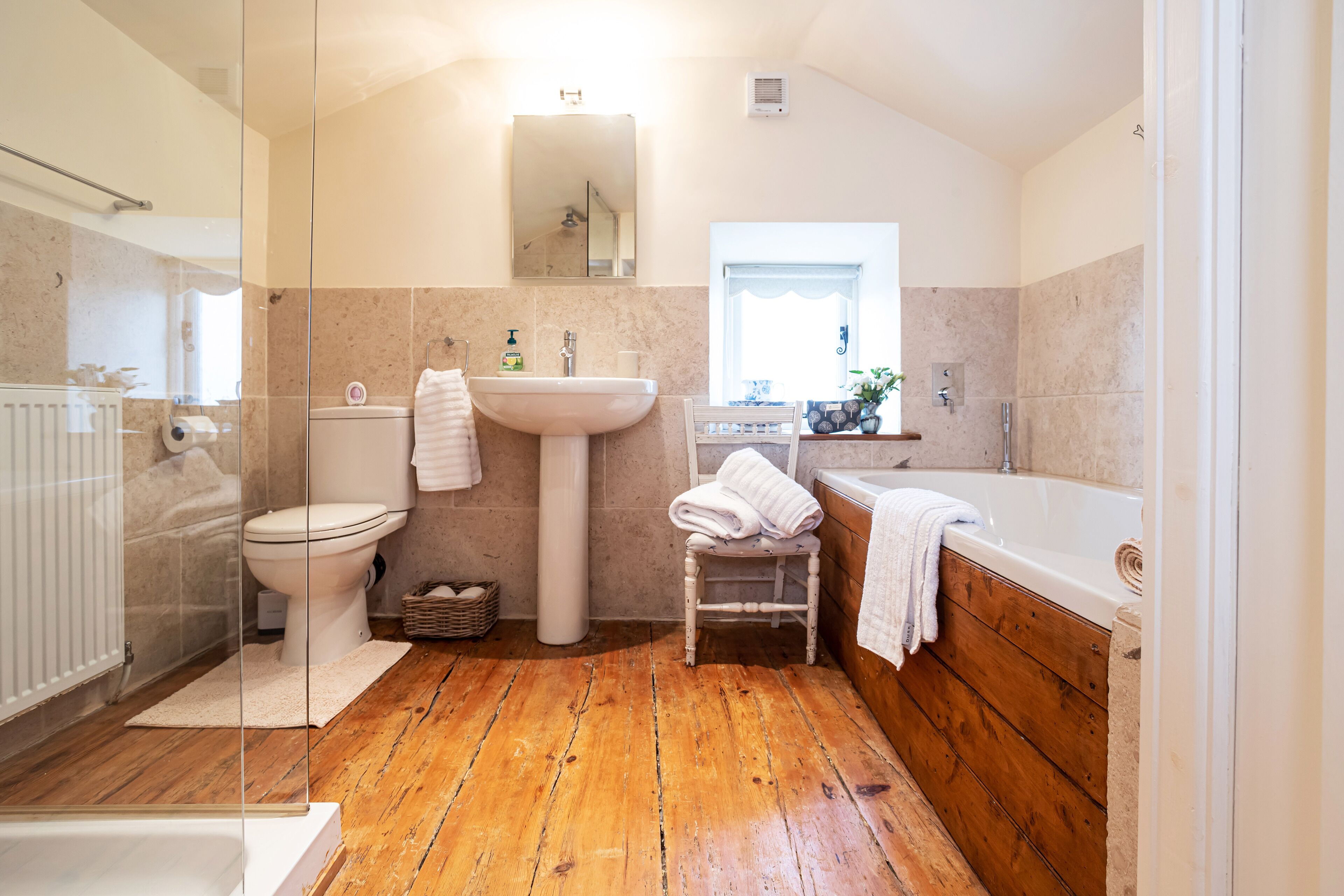 Cottage | Bathroom | Separate tub and shower, deep soaking tub, hair dryer, towels