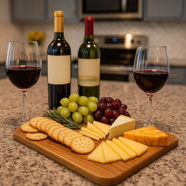 A wooden board with cheese, crackers, grapes, and wine bottles.