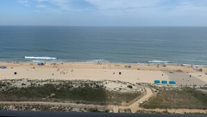 Una playa con arena, una valla de madera y cielo despejado.