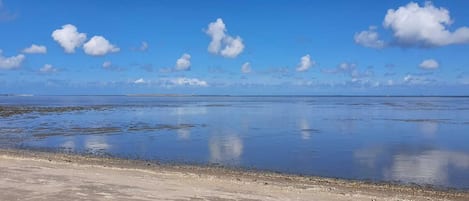 Vlak bij het strand, ligstoelen aan het strand