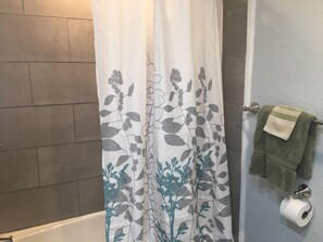 Combined shower/bathtub, hair dryer, towels, shampoo