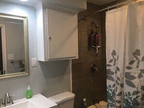 Combined shower/tub, hair dryer, towels, shampoo