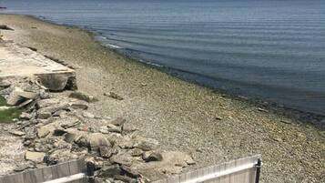 On the beach, sun-loungers, beach towels