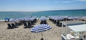On the beach, sun-loungers, beach towels