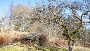 Une cabane rustique au toit en pente, entourée d’une zone boisée où les arbres ont perdu leurs feuilles.