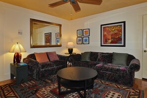 Älytelevisio, takka, DVD-soitin, kirjoja