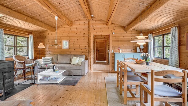 A cozy cabin interior with a wooden ceiling, a sofa, a dining table with chairs, and a kitchen area.