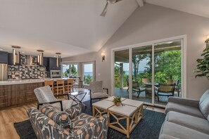 TV, fireplace, books