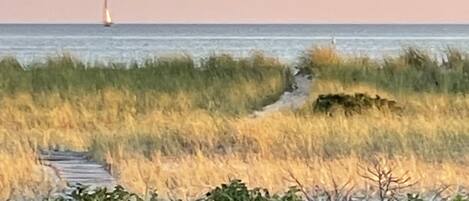 Een kustlandschap met een pad dat naar de zee leidt, een zeilboot in de verte en een grasveld op de voorgrond.