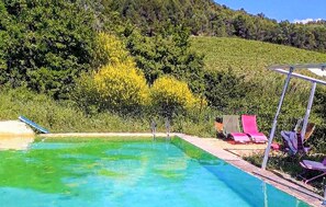 Una piscina con agua azul cristalina, rodeada por una estructura metálica en la orilla. Hay sillas de descanso y una pequeña mesa con mantel.