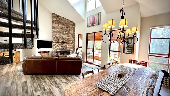 Smart TV, fireplace, DVD player, books